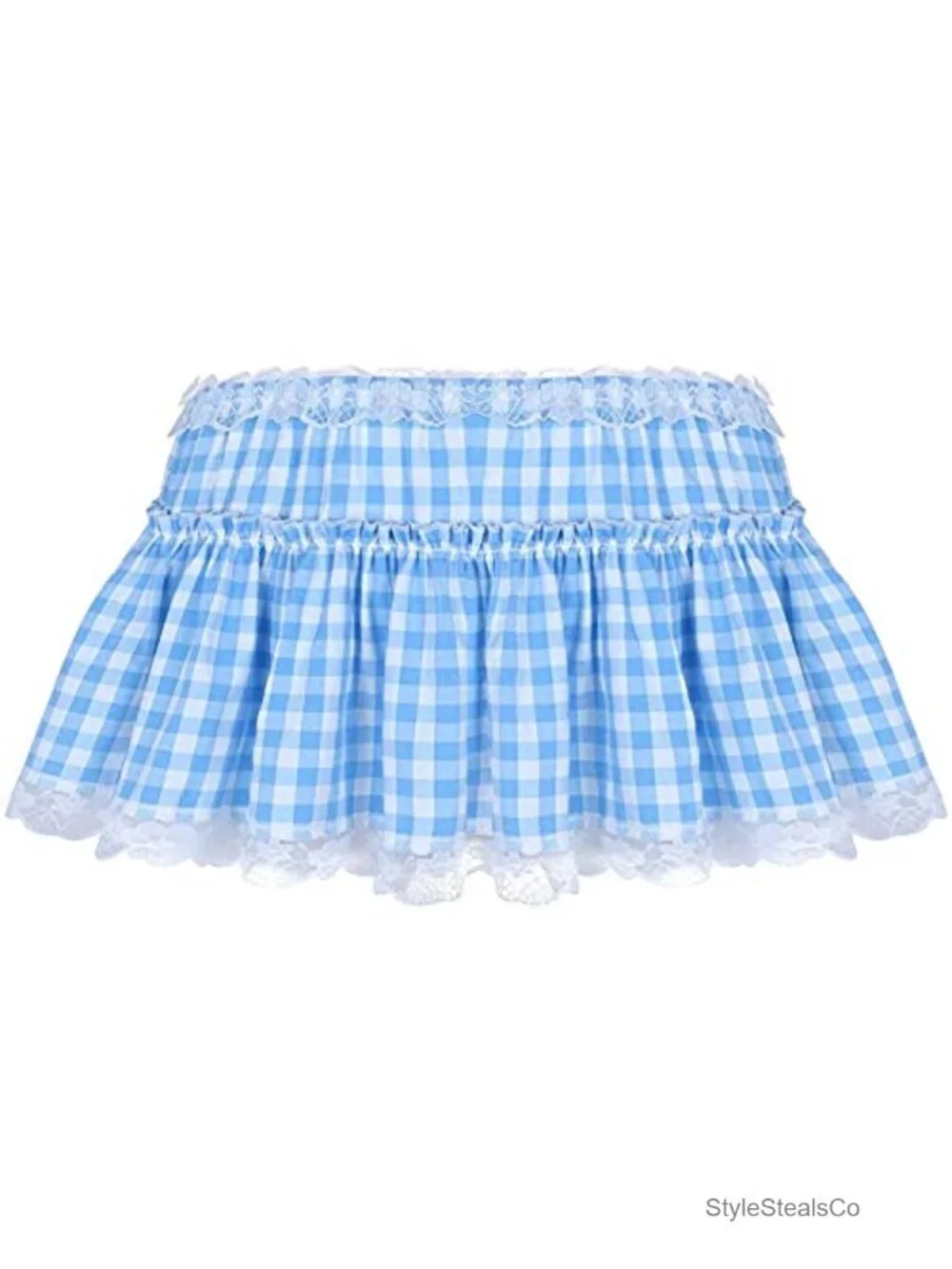 KKmeter Men's Pleated A-Line Mini Skirt Lace Hem Openwork Gingham